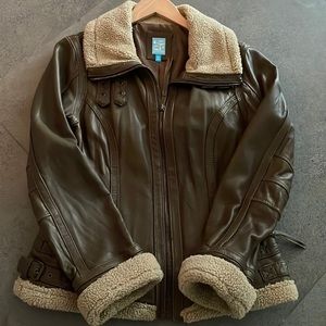 Barneys New York CO-OP Dark Brown 100% Leather Jacket with Cream Shearling Trim